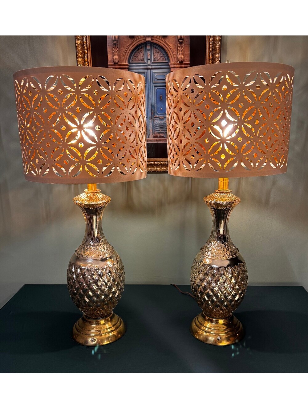 Pair of Vintage Glam Brass & Ribbed Mercury Glass Lamps Hollywood Regency